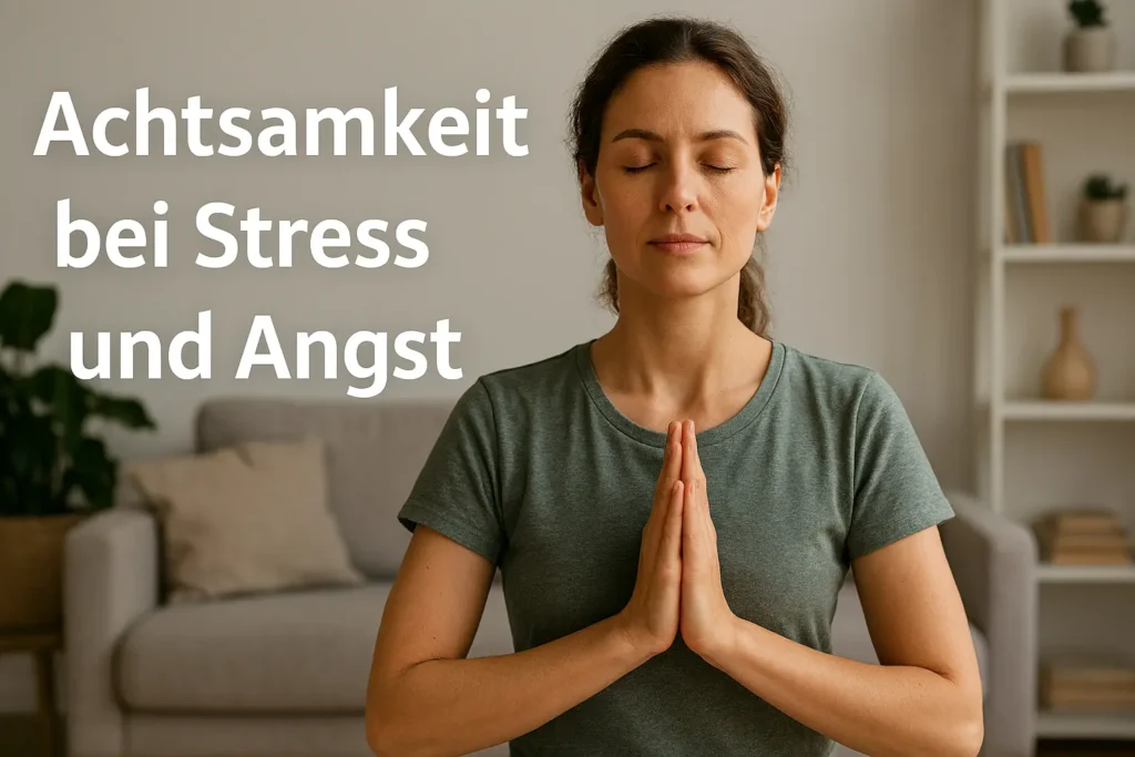 Eine Frau hört achtsam in sich um sich ihrer Angst und ihrem Stress bewußt zu werden.