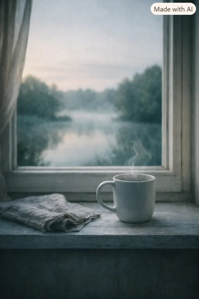 Eine dampfende Tasse auf einer Fensterbank, Blick auf einen stillen See im Morgennebel.