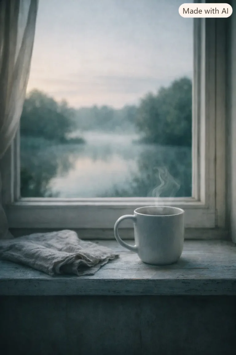 Eine dampfende Tasse auf einer Fensterbank, Blick auf einen stillen See im Morgennebel.