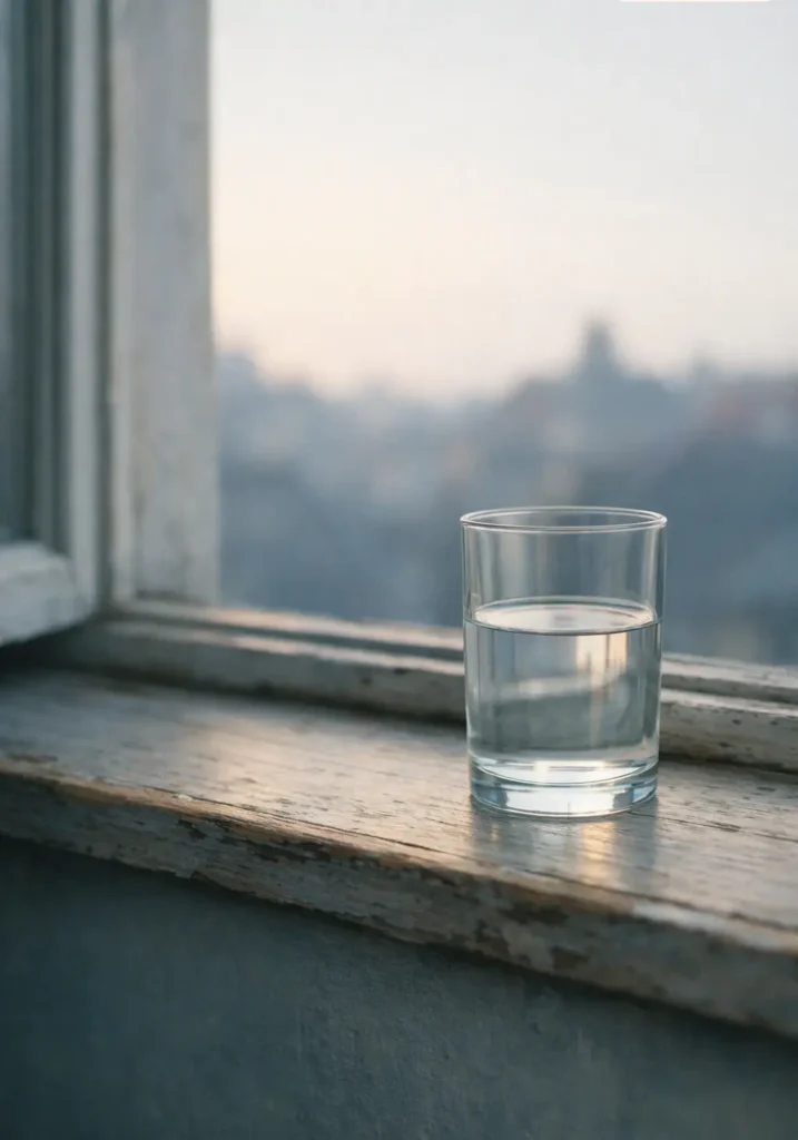 Ein Wasserglas auf einer Fensterbank bei geöffnetem Fenster in Abendstimmung